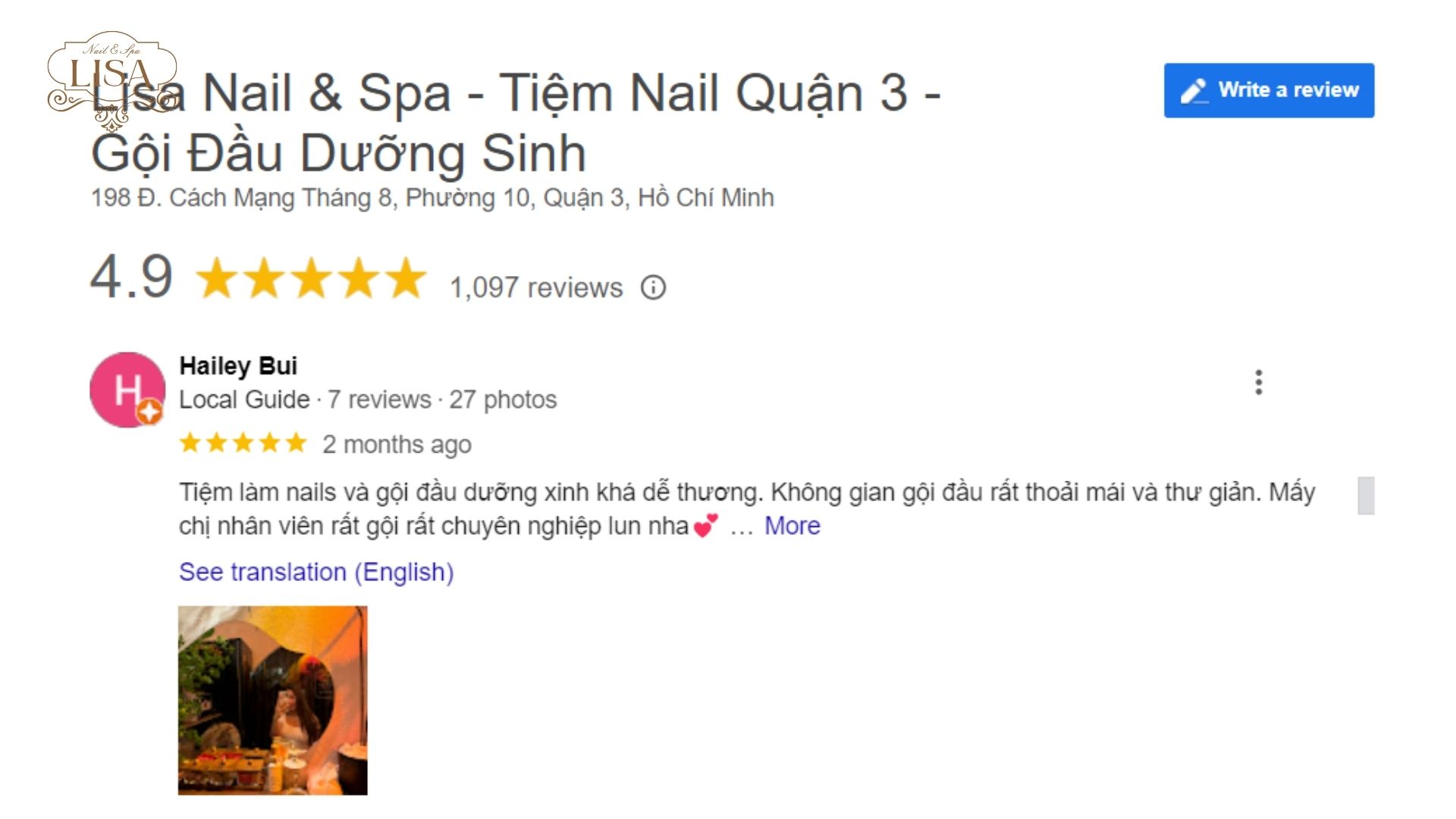 Đánh giá tích cực từ khách hàng tại Lisa Nail & Spa