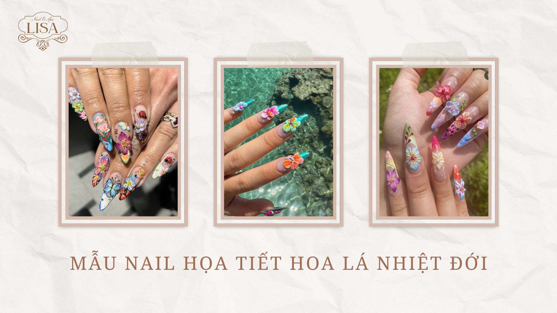 Mẫu nail họa tiết hoa lá nhiệt đới