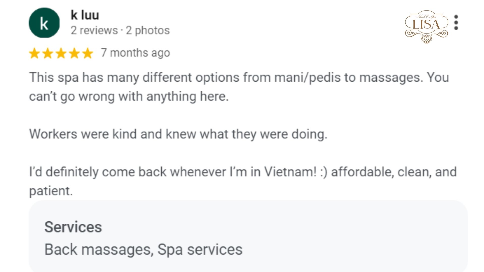 Khách hàng đánh giá tích cực về Lisa Nail & Spa